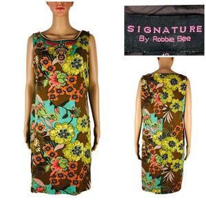 Signature By Robbie Bee Womens 12 Sleeveless Dress Linen Rayon Blend Floral EUC